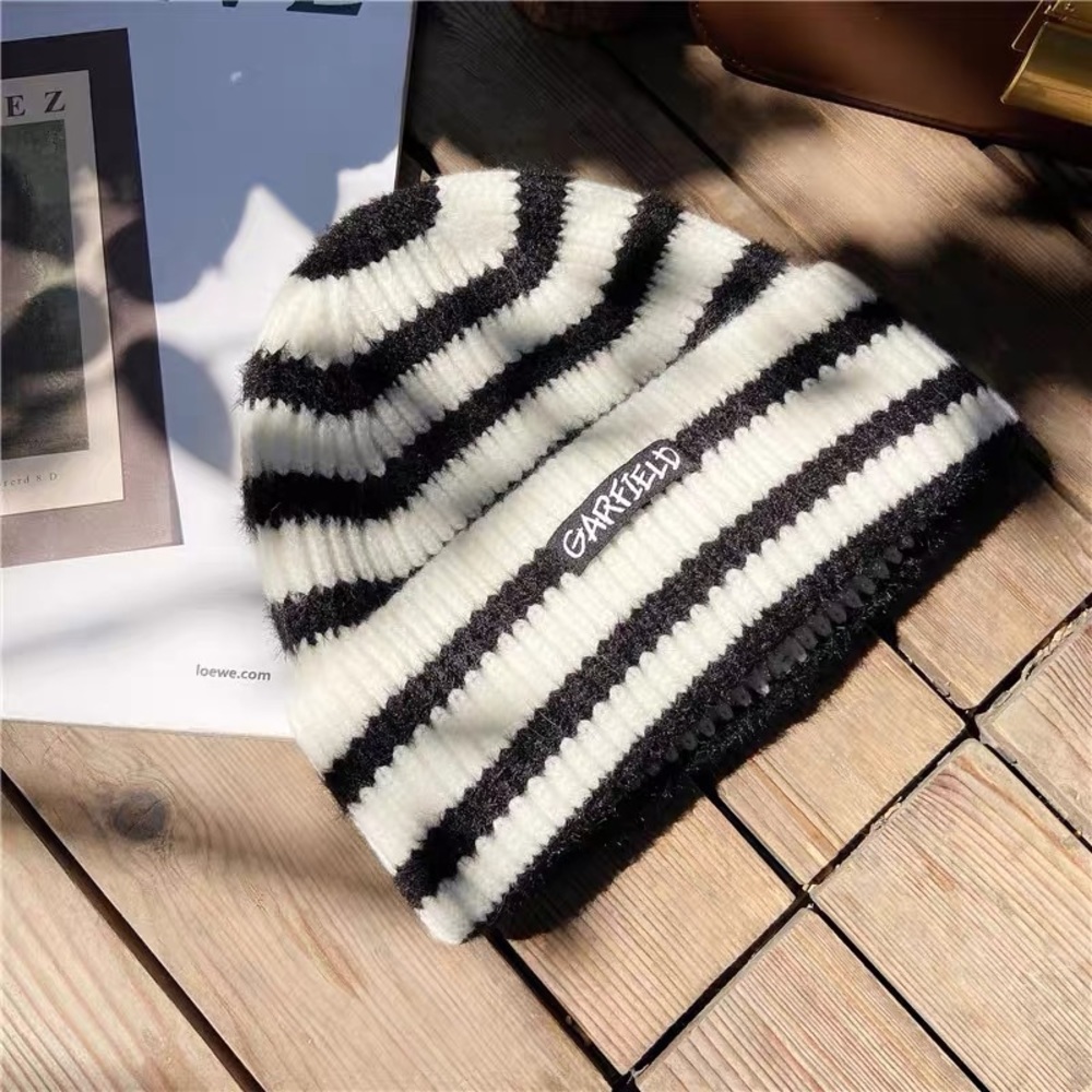New Striped Black and White Knit Beanie Hat